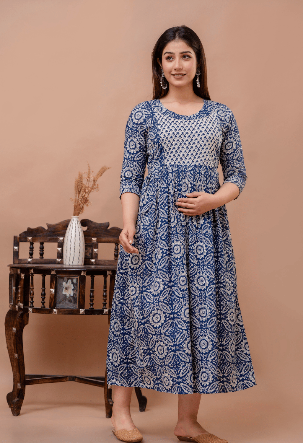 Navy Blue Floral Printed Viscose Rayon Maternity & Feeding Maxi Dress Secondary image