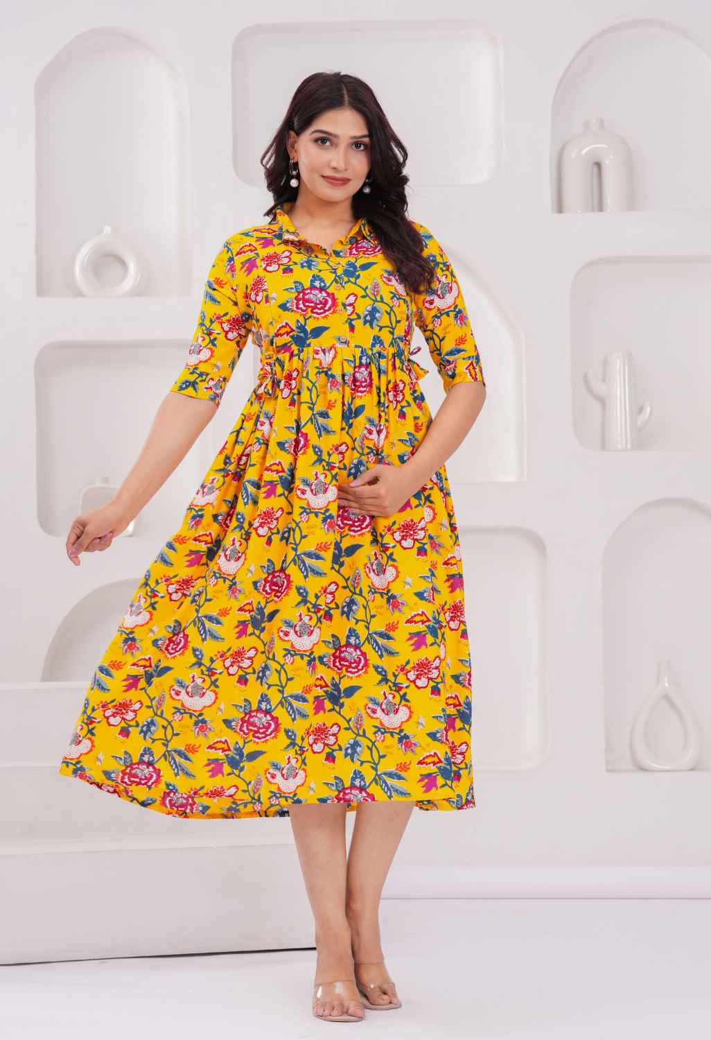 Mustard Yellow Floral Printed Collared Viscose Rayon Maternity & Feeding Midi Dress Secondary image
