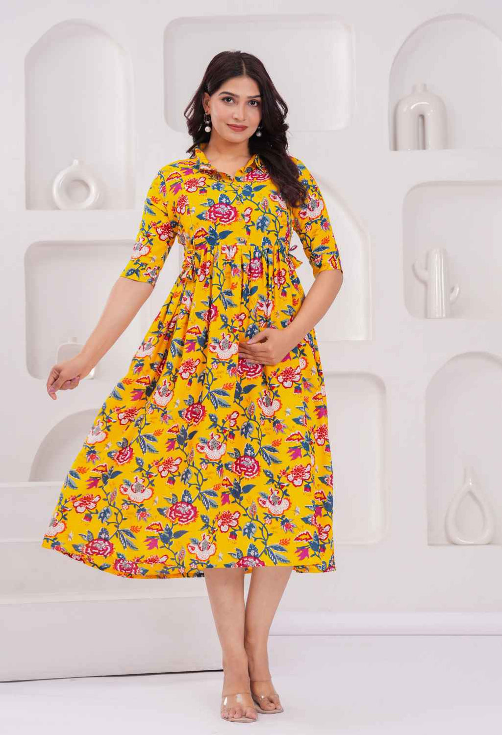 Mustard Yellow Floral Printed Collared Viscose Rayon Maternity & Feeding Midi Dress