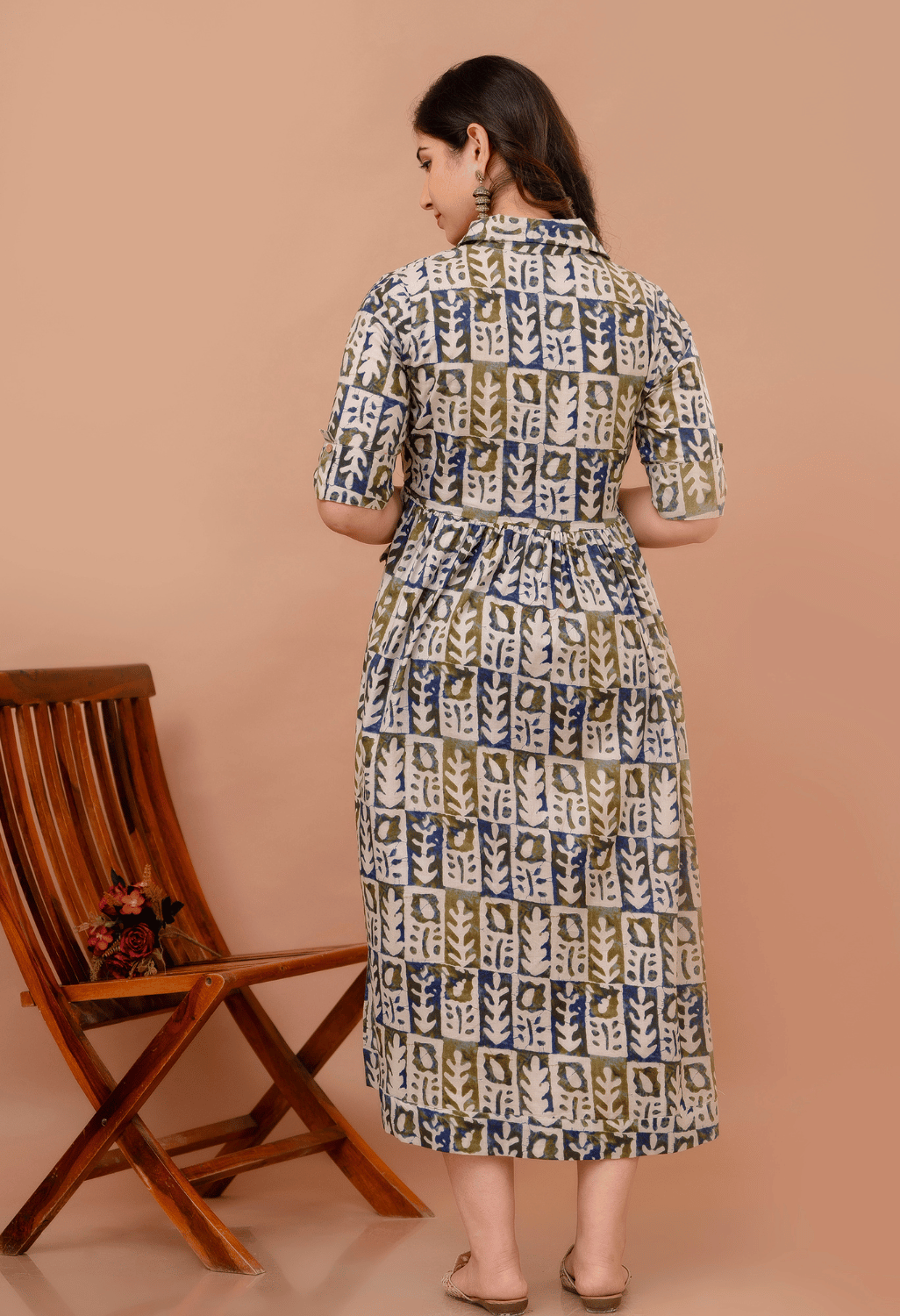White Abstract Block Printed Collared Viscose Rayon Maternity & Feeding Maxi Dress