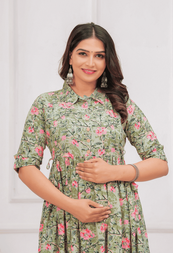 Olive Green Floral Printed Collared Viscose Rayon Maternity & Feeding Midi Dress
