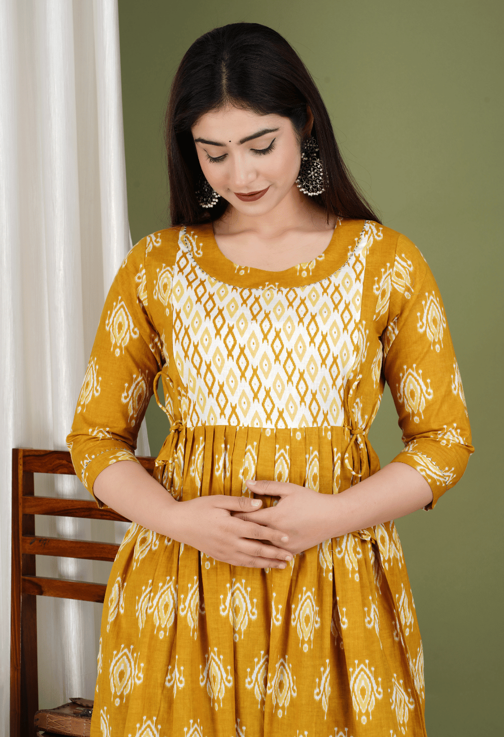 Mustard Yellow Printed Viscose Rayon Maternity & Feeding Midi Dress