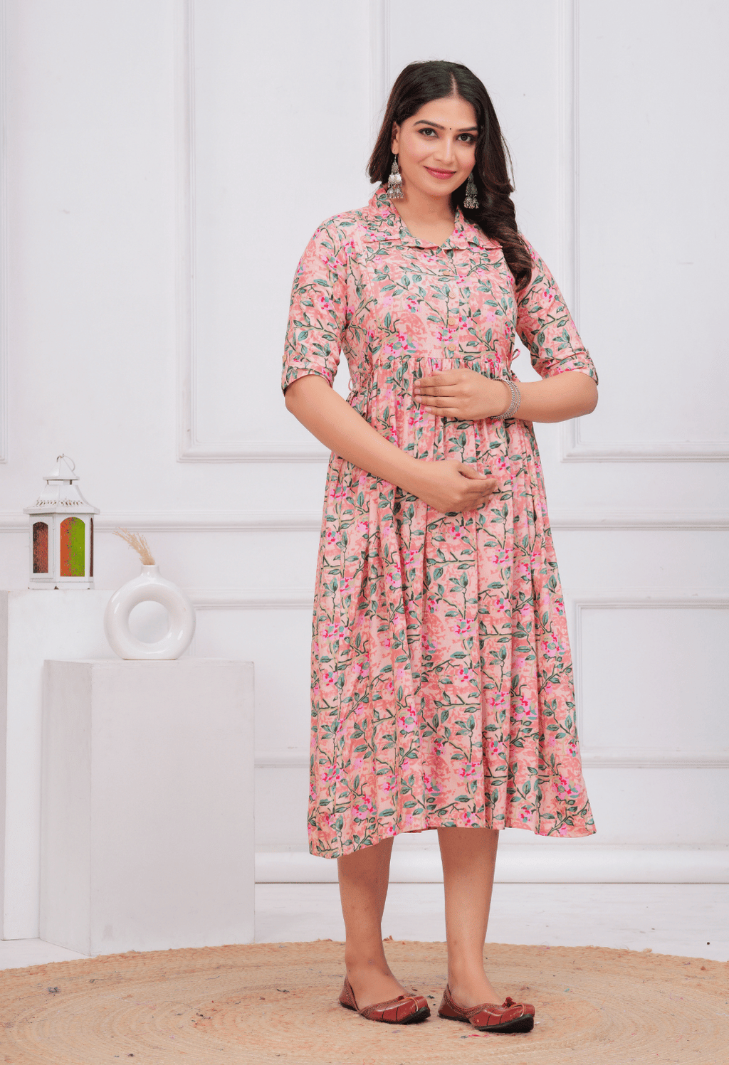 Peach Floral Printed Collared Viscose Rayon Maternity & Feeding Maxi Dress