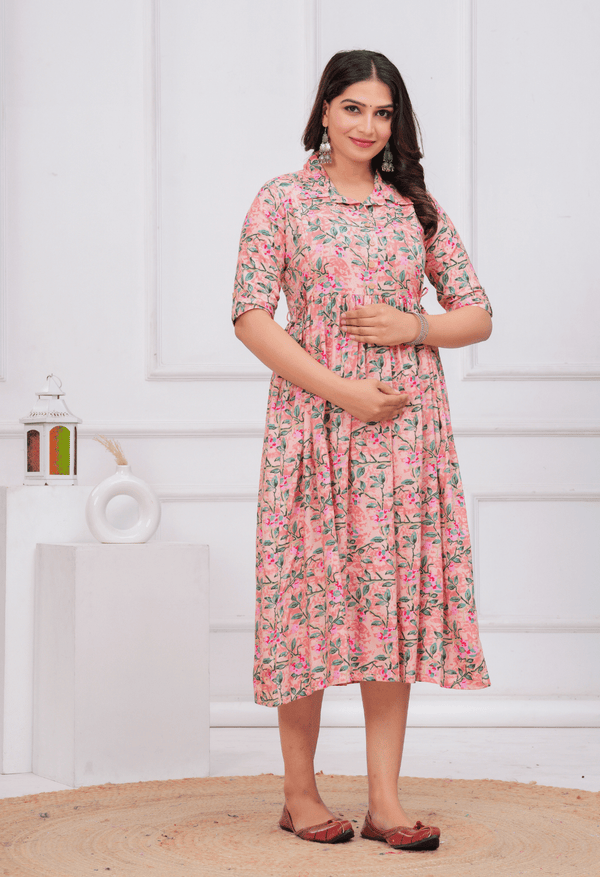 Peach Floral Printed Collared Viscose Rayon Maternity & Feeding Maxi Dress