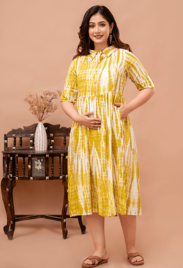 Mustard Yellow Shibori Printed Collared Viscose Rayon Maternity & Feeding Midi Dress