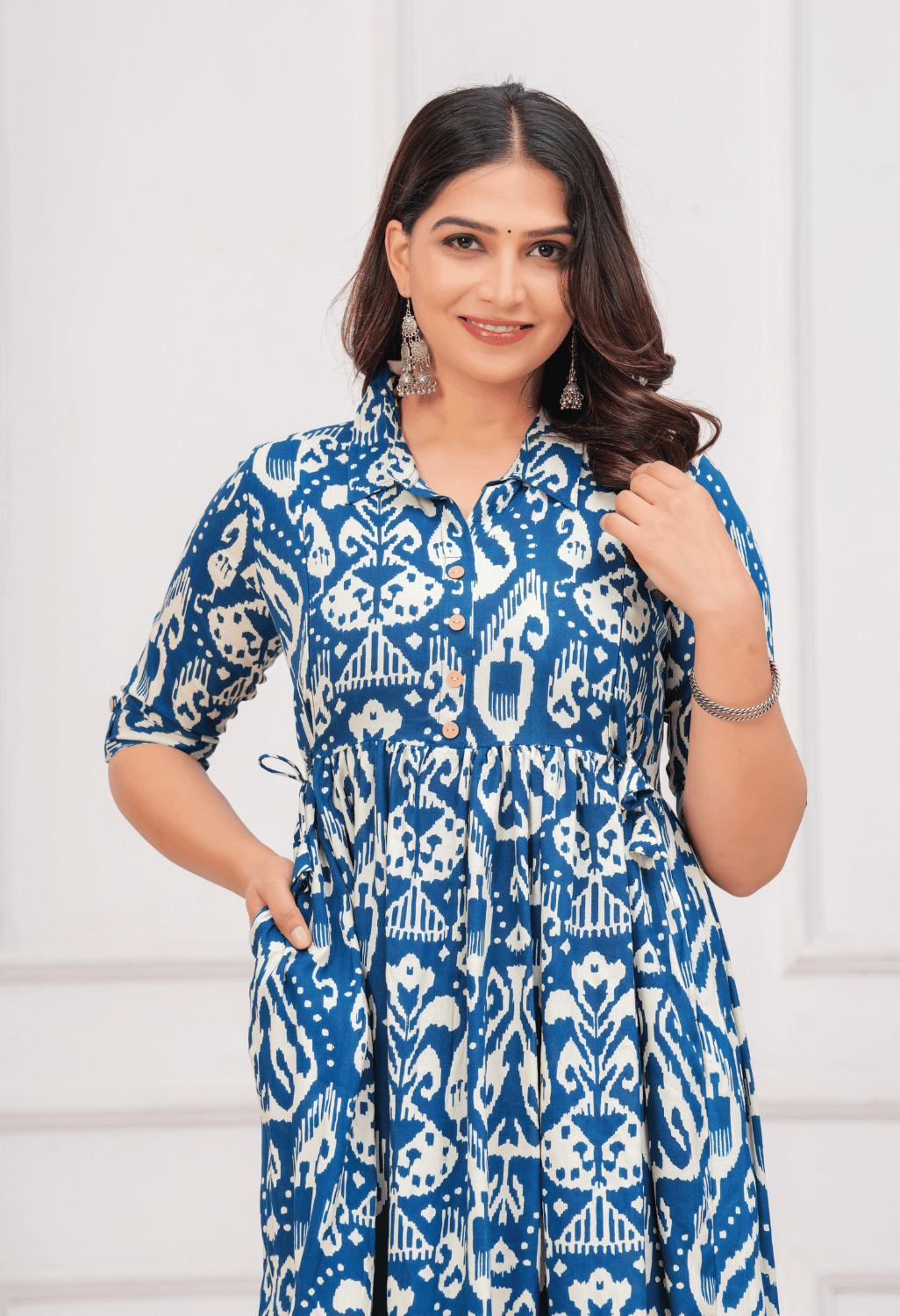 Royal Blue Ikat Printed Collared Viscose Rayon Maternity & Feeding Midi Dress