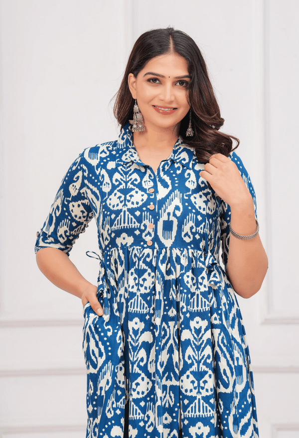 Royal Blue Ikat Printed Collared Viscose Rayon Maternity & Feeding Midi Dress