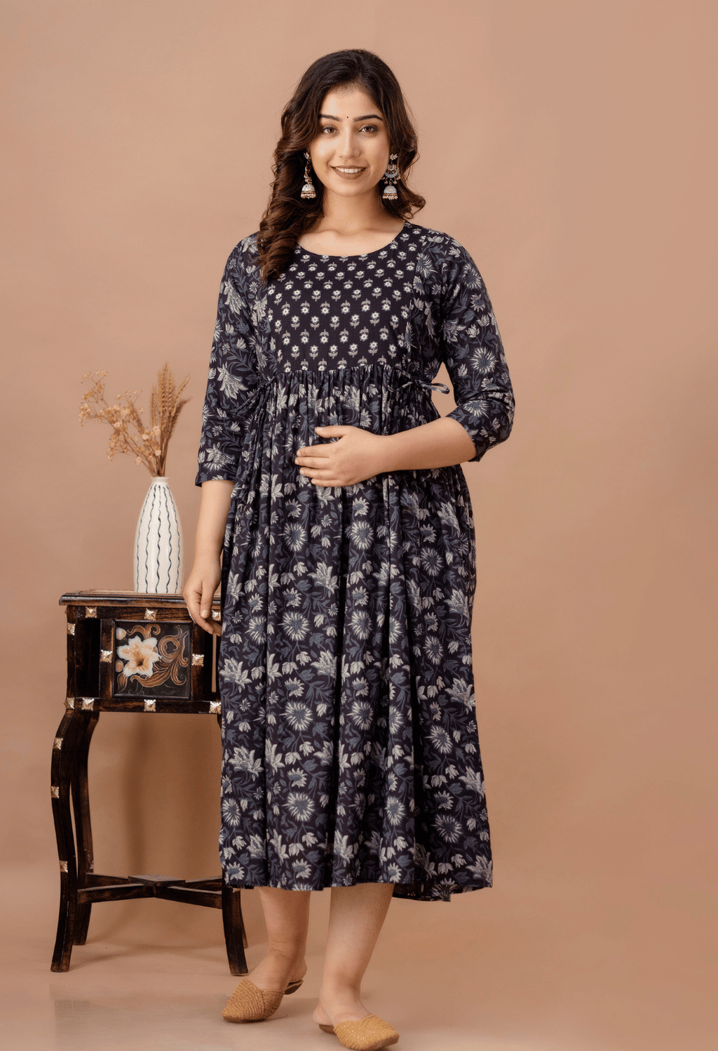 Black Printed Viscose Rayon Maternity & Feeding Maxi Dress