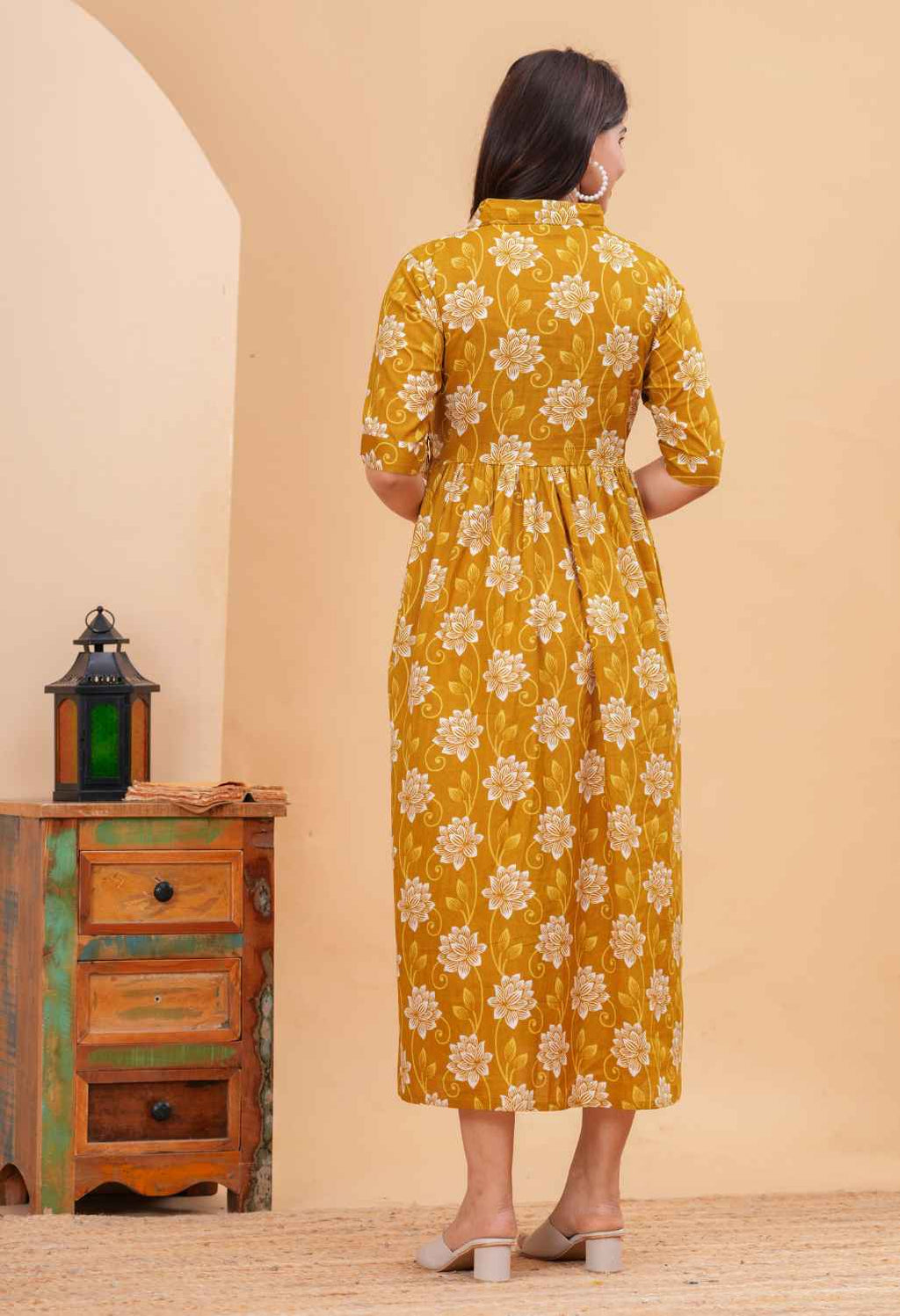 Mustard Floral Printed Collared Viscose Rayon Maternity & Feeding Midi Dress