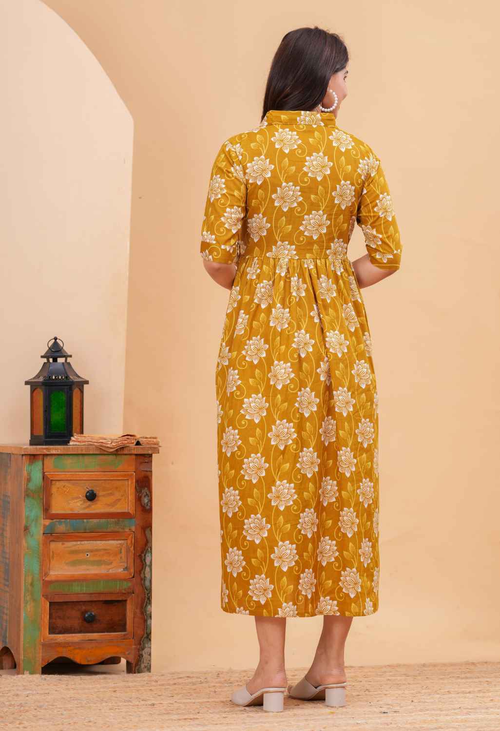Mustard Floral Printed Collared Viscose Rayon Maternity & Feeding Midi Dress