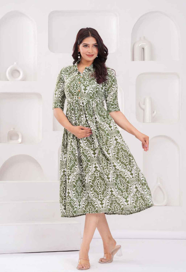 Olive Green Abstract Printed Collared Viscose Rayon Maternity & Feeding Midi Dress
