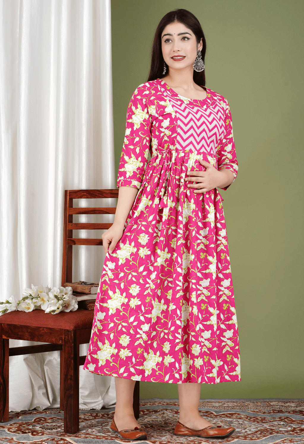 Pink Floral Printed Viscose Rayon Maternity & Feeding Midi Dress