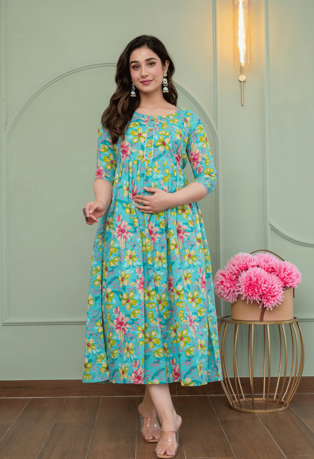 Sky Blue Floral Printed Viscose Rayon Maternity & Feeding Maxi Dress