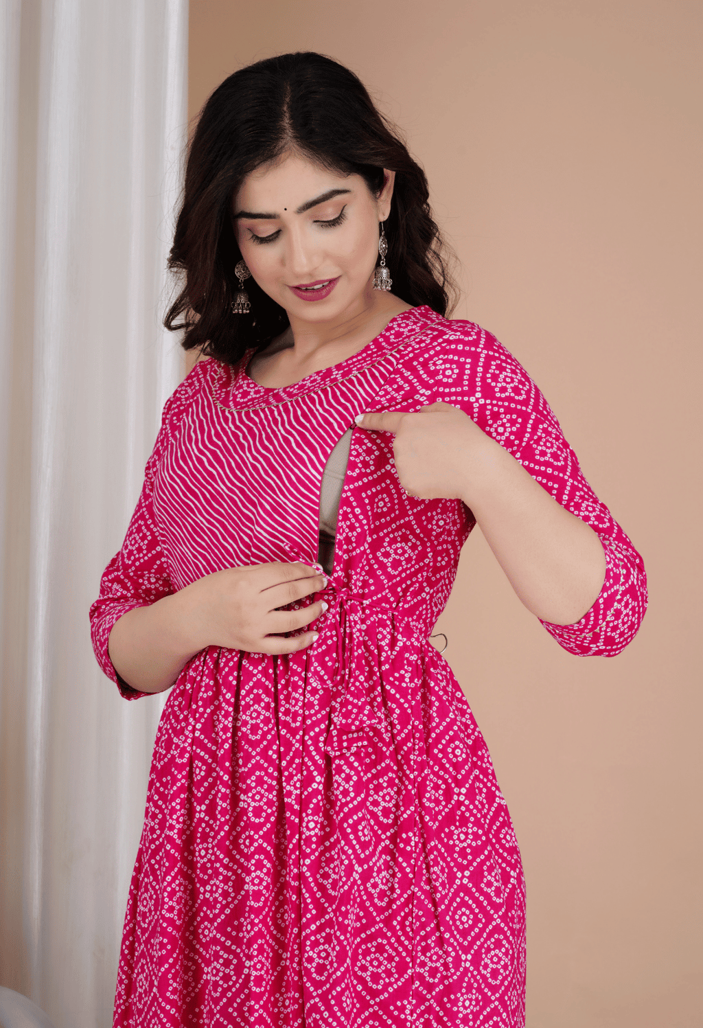 Pink Bandhani Printed Viscose Rayon Maternity & Feeding Maxi Dress