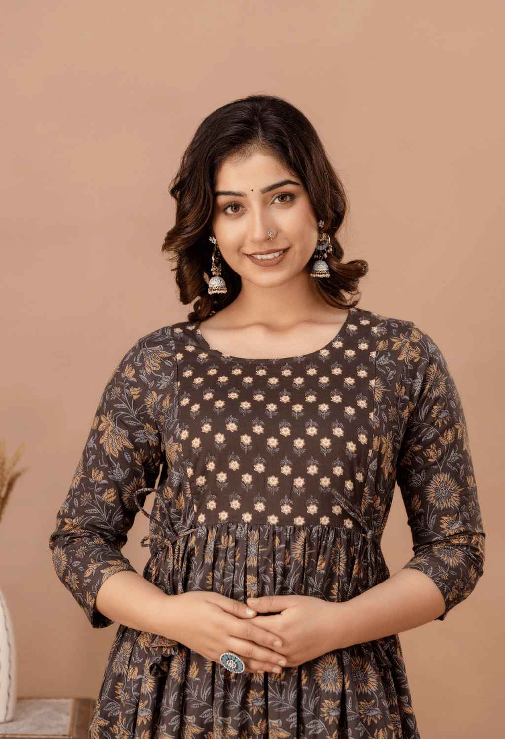 Coffee Brown Floral Printed Viscose Rayon Maternity & Feeding Maxi Dress