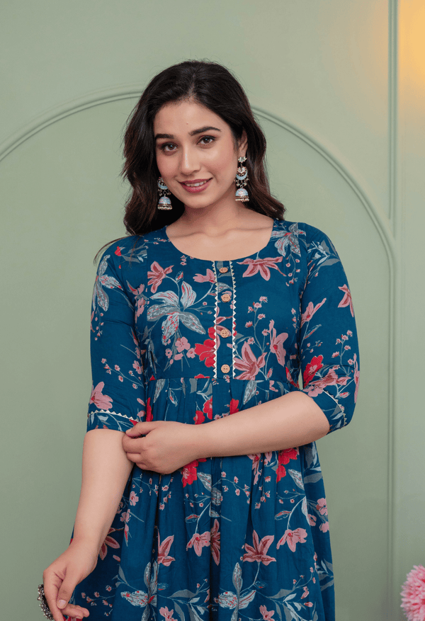 Navy Blue Botanical Floral Printed Viscose Rayon Maternity & Feeding Maxi Dress