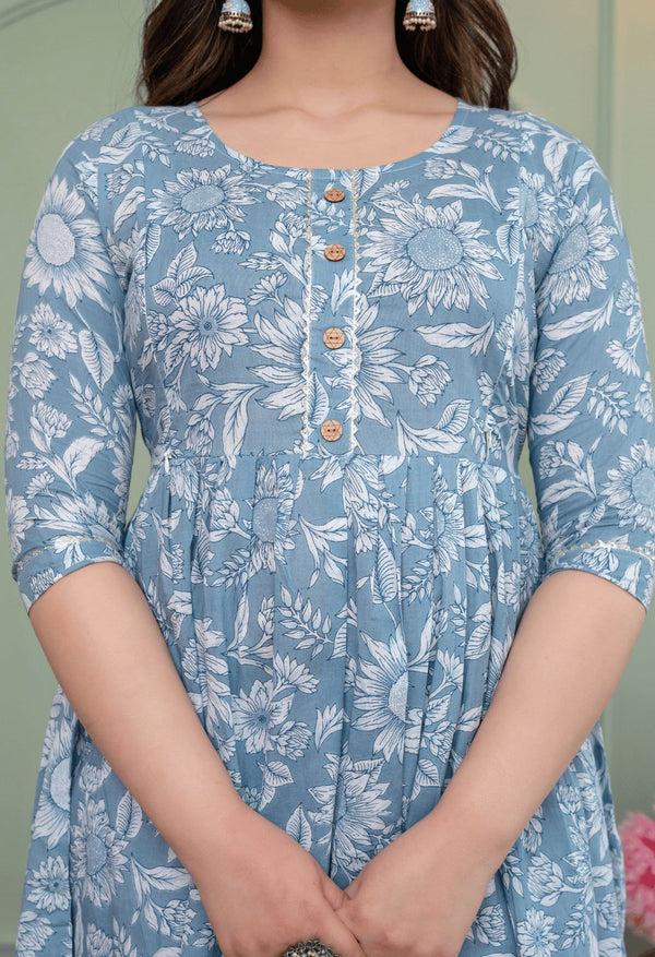 Grey Floral Printed Viscose Rayon Maternity & Feeding Maxi Dress