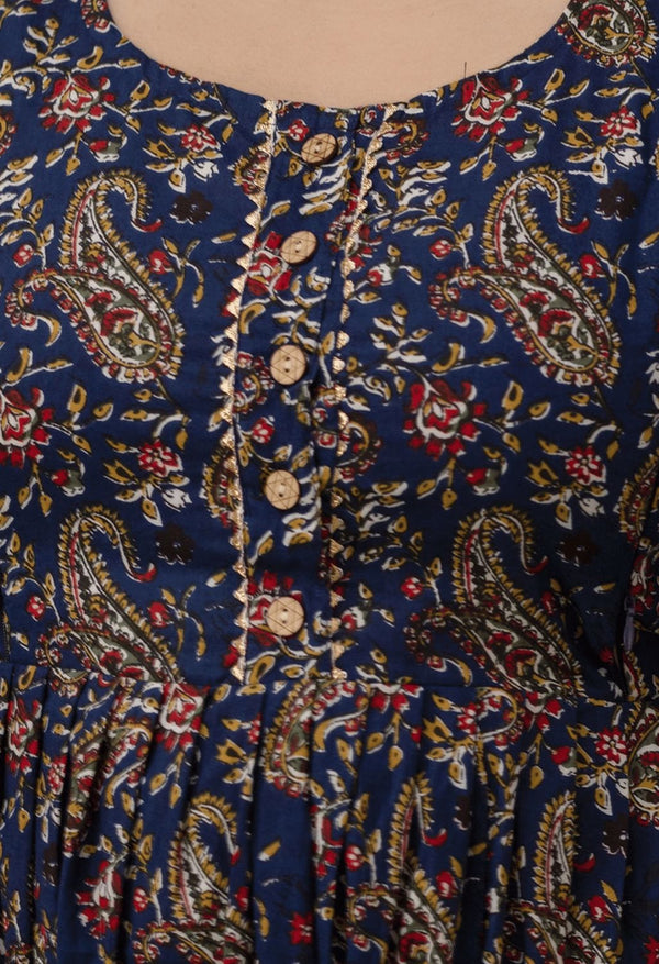 Navy Blue Paisley Printed Viscose Rayon Maternity & Feeding Maxi Dress