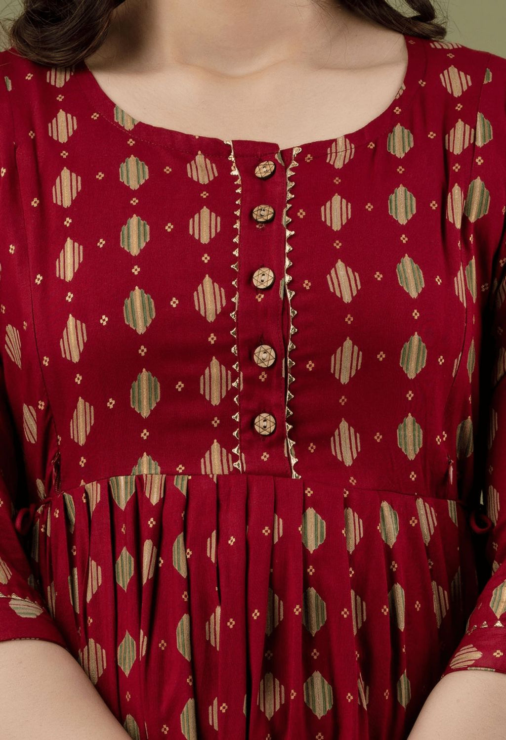Maroon Geometric Printed Viscose Rayon Maternity & Feeding Maxi Dress