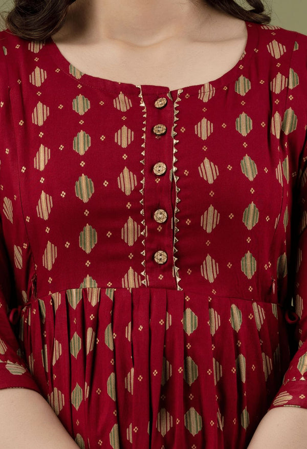 Maroon Geometric Printed Viscose Rayon Maternity & Feeding Maxi Dress