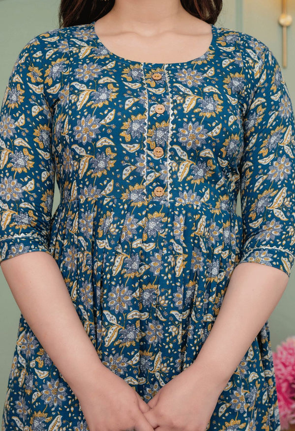 Teal Blue Vintage Floral Printed Viscose Rayon Maternity & Feeding Maxi Dress