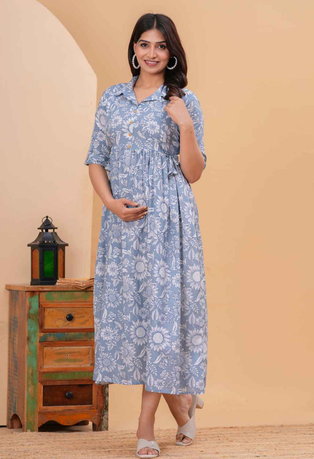 Bloom Mist Blue Floral Printed Collared Viscose Rayon Maternity & Feeding Midi Dress