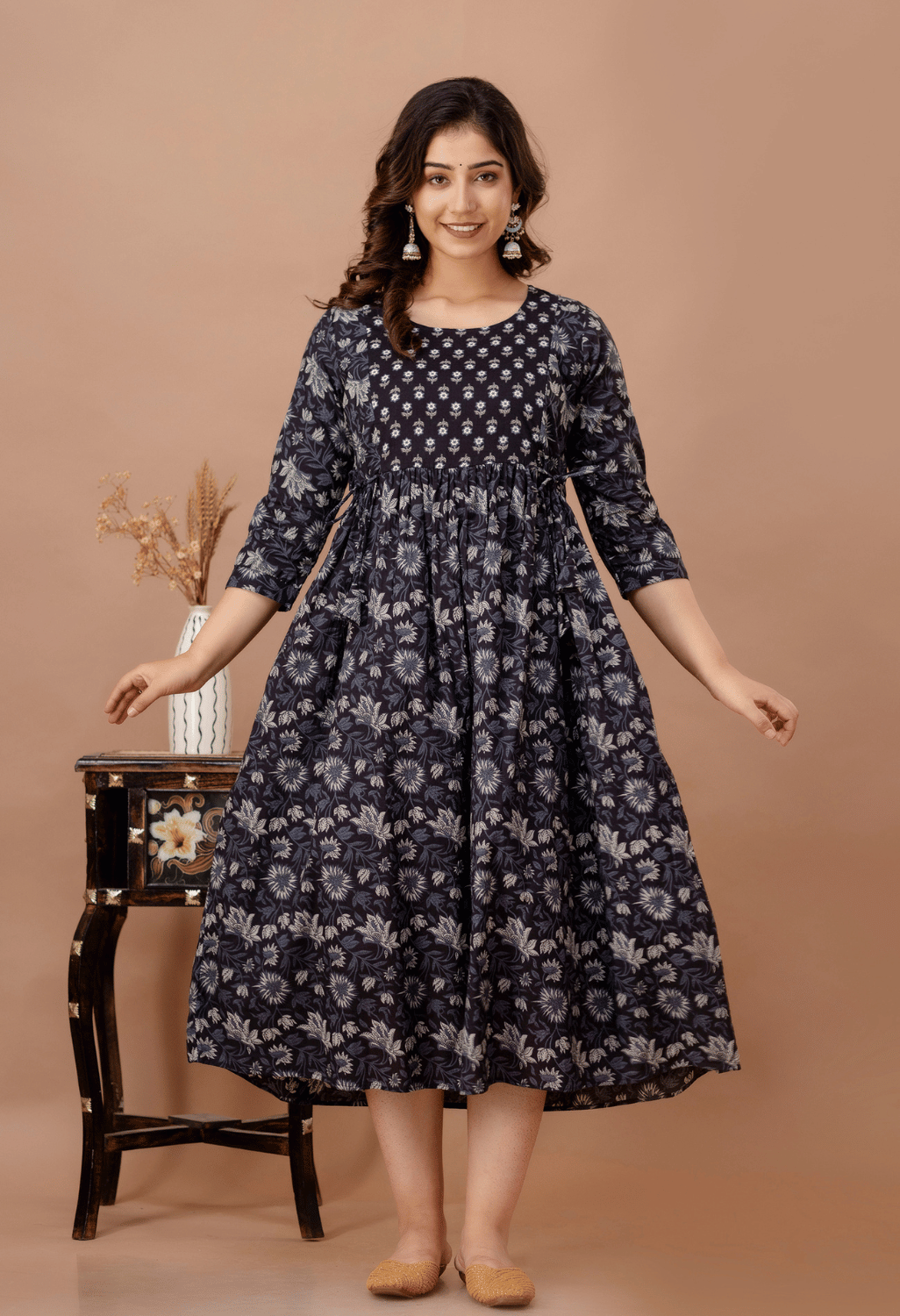 Black Printed Viscose Rayon Maternity & Feeding Maxi Dress Secondary image
