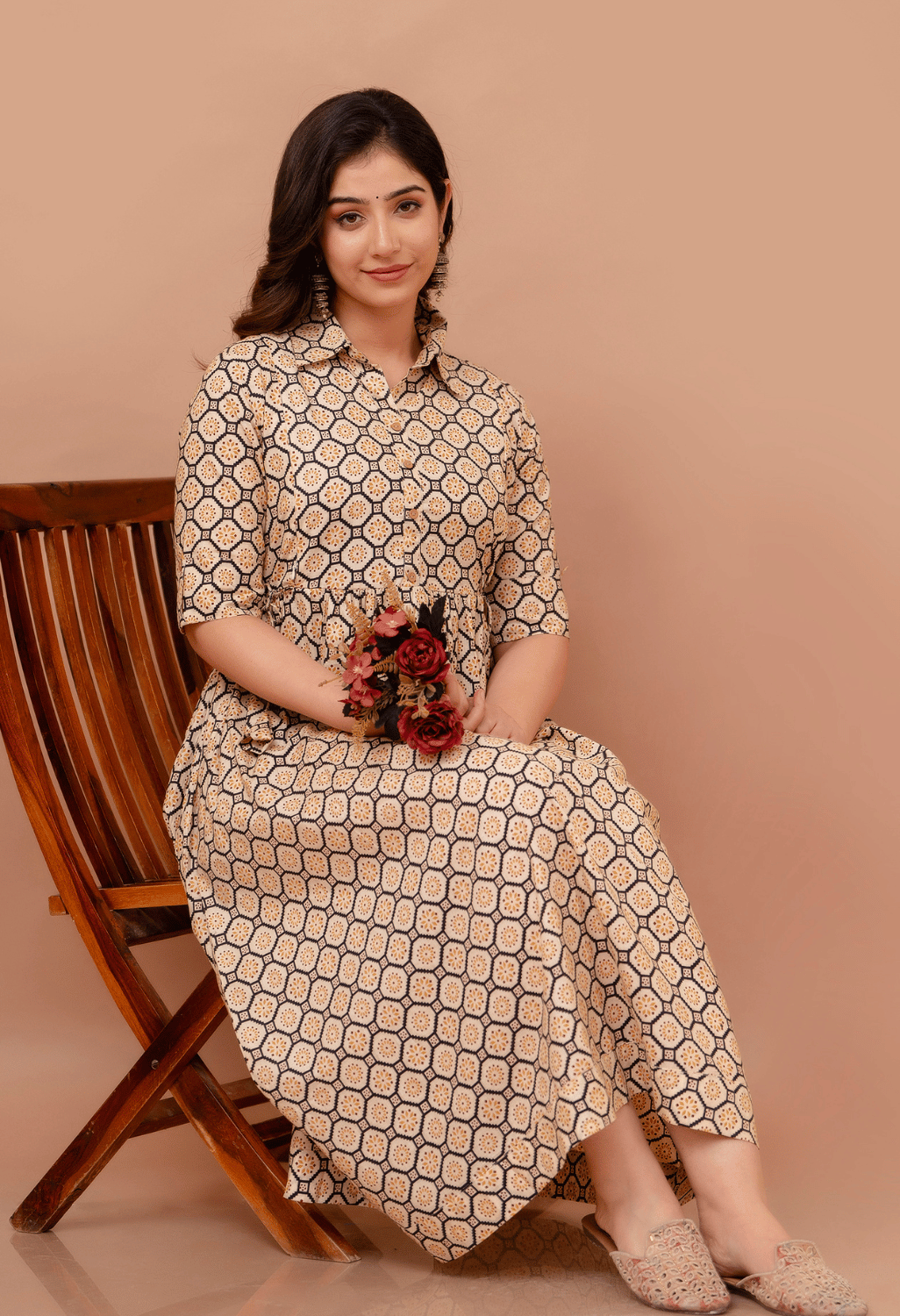 Beige Geometric Hexagon Printed Collared Viscose Rayon Maternity & Feeding Maxi Dress