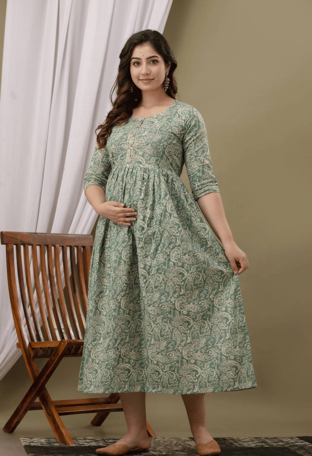 Sage Green Paisley Printed Viscose Rayon Maternity & Feeding Maxi Dress