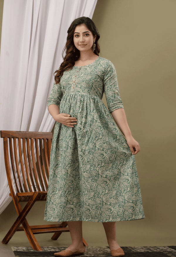 Sage Green Paisley Printed Viscose Rayon Maternity & Feeding Maxi Dress