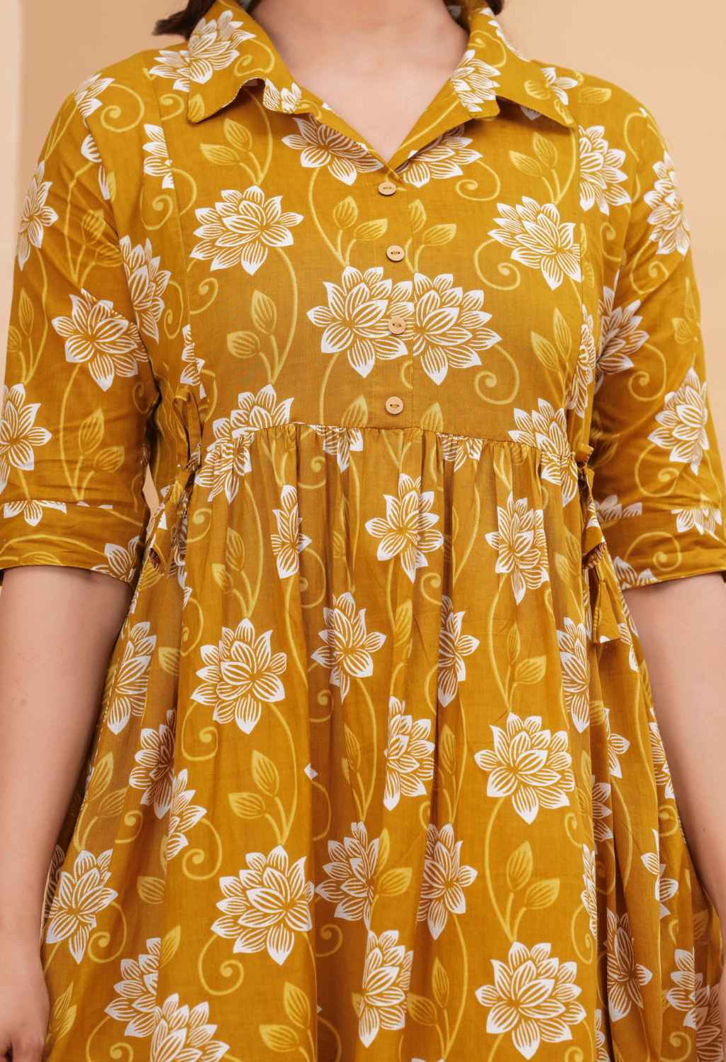 Mustard Floral Printed Collared Viscose Rayon Maternity & Feeding Midi Dress