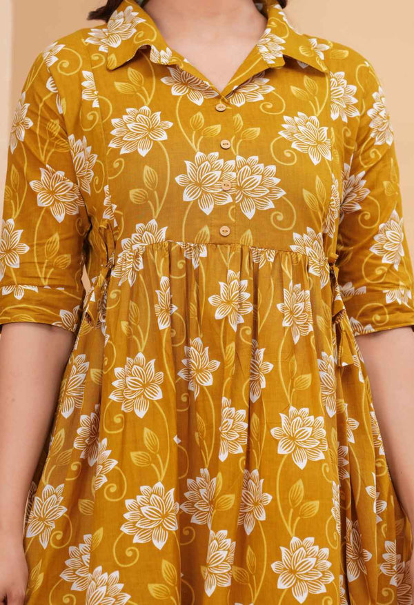Mustard Floral Printed Collared Viscose Rayon Maternity & Feeding Midi Dress