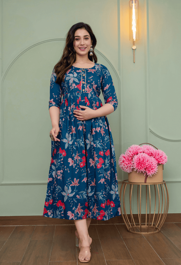 Navy Blue Botanical Floral Printed Viscose Rayon Maternity & Feeding Maxi Dress