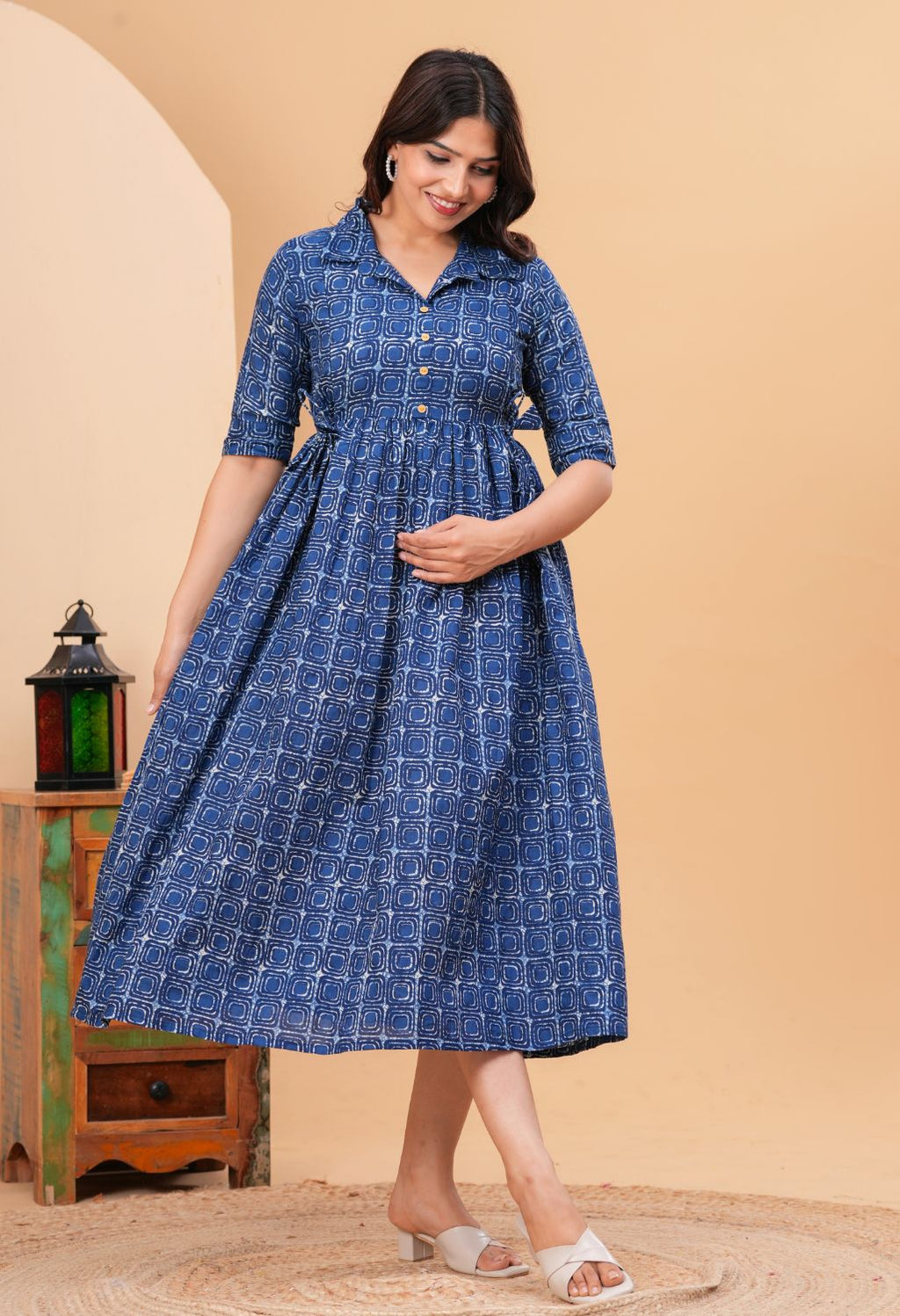 Indigo Geometric Printed Collared Viscose Rayon Maternity & Feeding Midi Dress