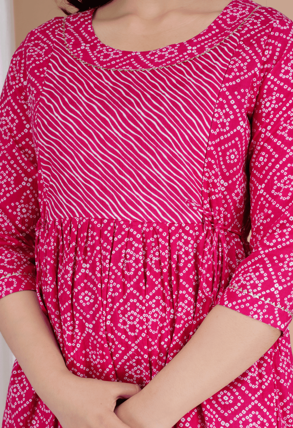 Pink Bandhani Printed Viscose Rayon Maternity & Feeding Maxi Dress