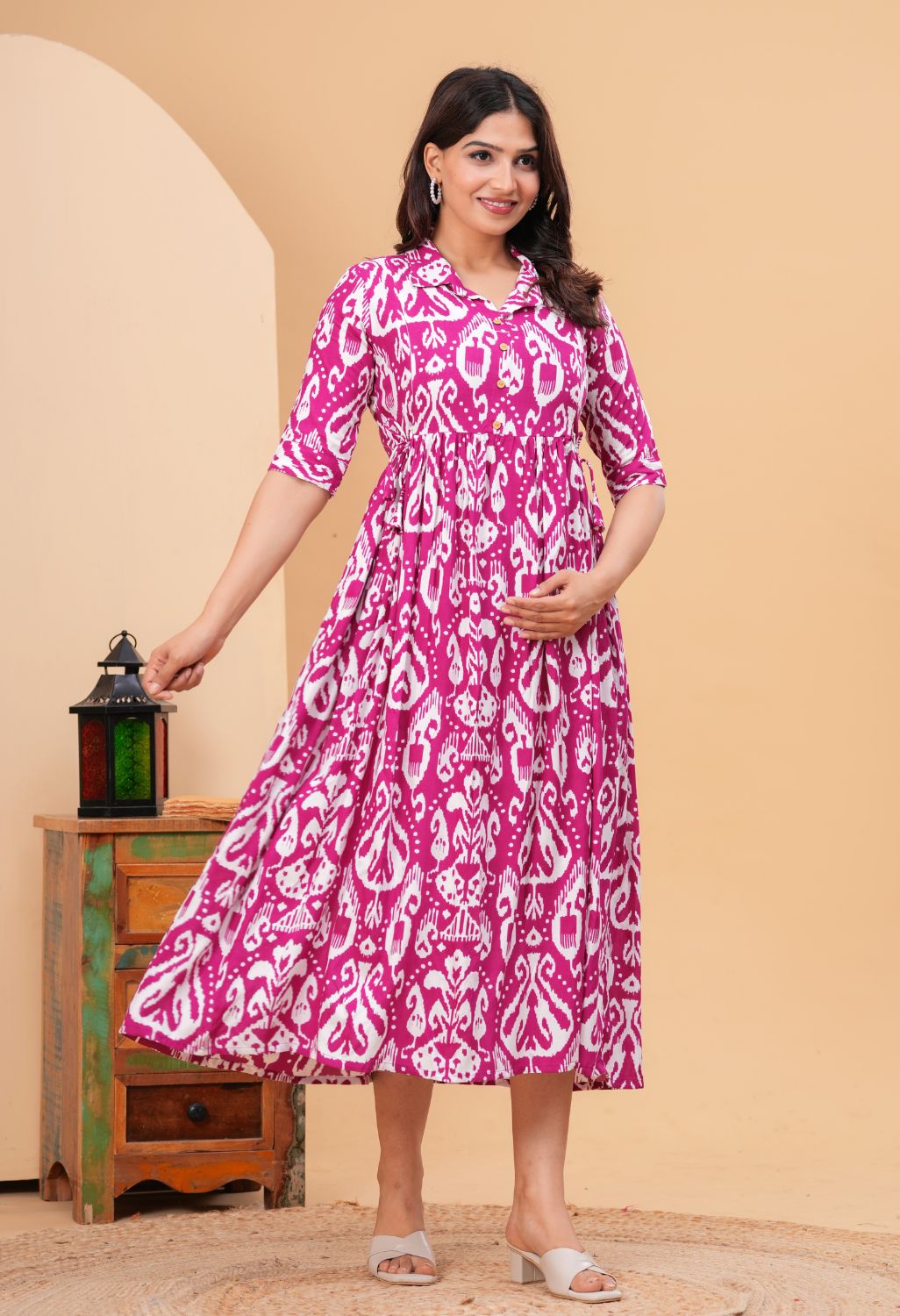 Pink Ikat Printed Collared Viscose Rayon Maternity & Feeding Midi Dress