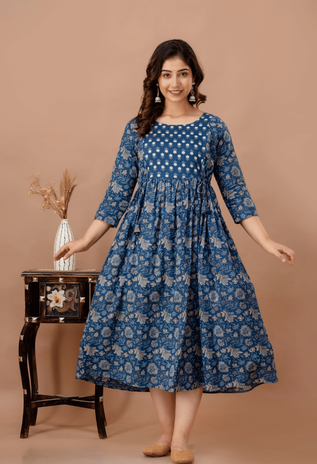 Dusty Blue Floral Printed Viscose Rayon Maternity & Feeding Maxi Dress