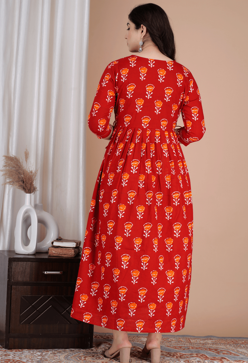 Brick Red Floral Printed Viscose Rayon Maternity & Feeding Maxi Dress