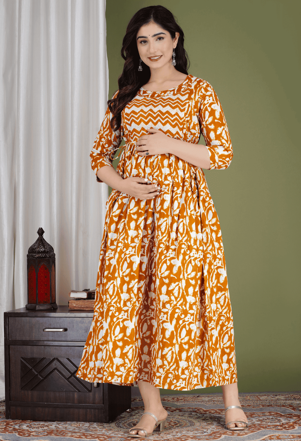 Orange & White Abstract Printed Viscose Rayon Maternity & Feeding Midi Dress