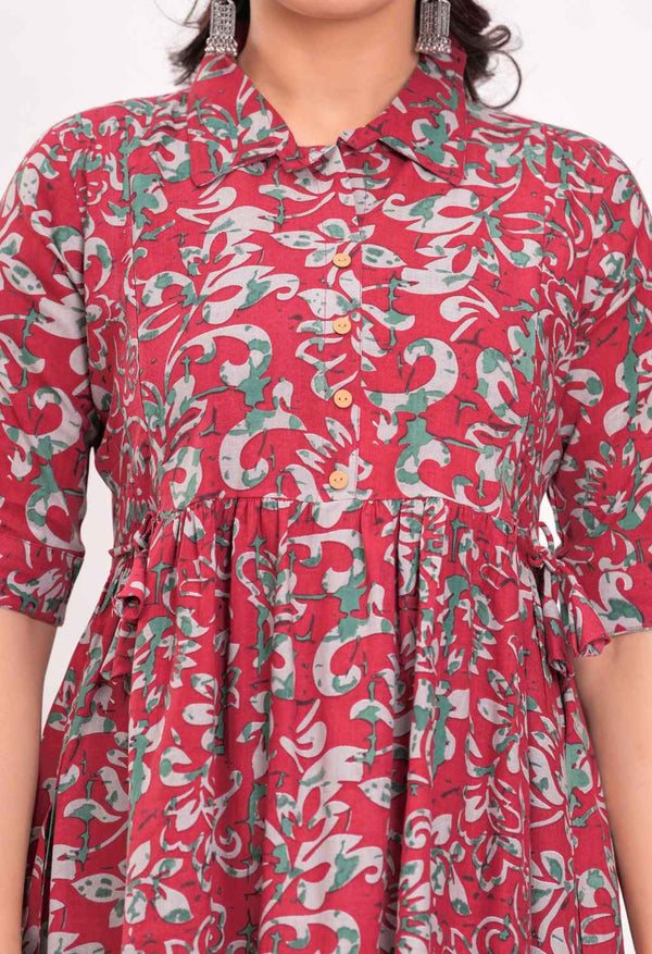 Rose Pink Floral Printed Collared Viscose Rayon Maternity & Feeding Midi Dress