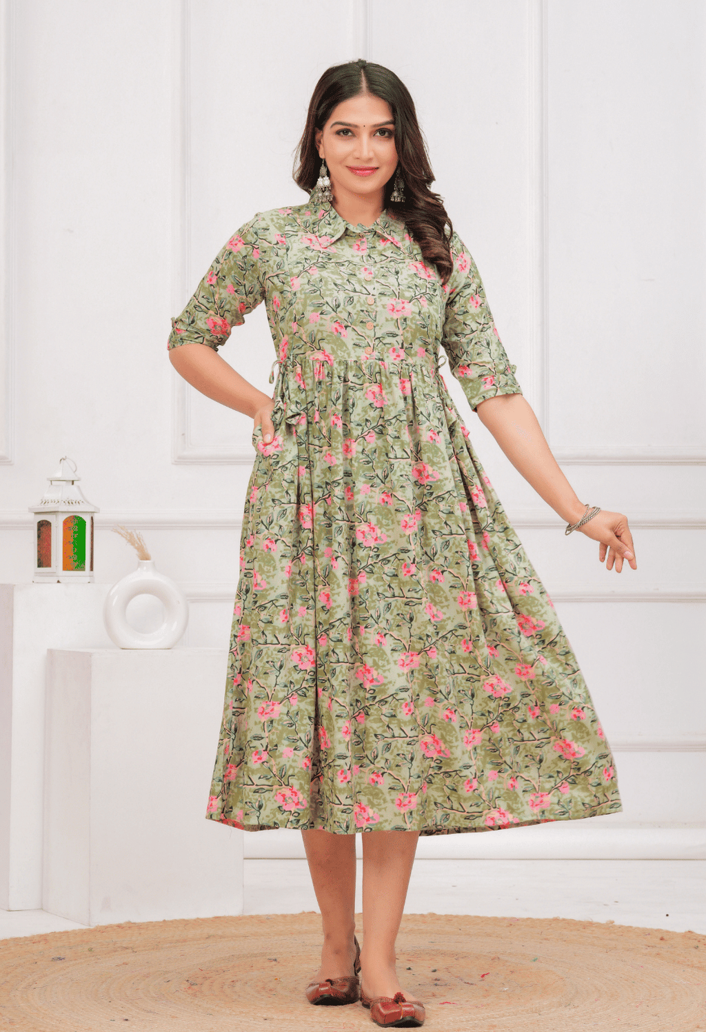 Olive Green Floral Printed Collared Viscose Rayon Maternity & Feeding Midi Dress