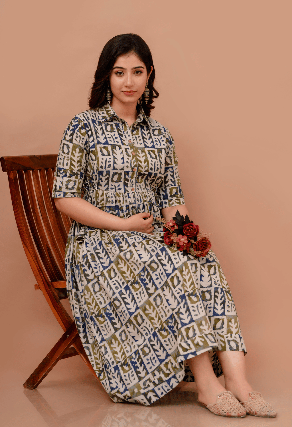 White Abstract Block Printed Collared Viscose Rayon Maternity & Feeding Maxi Dress