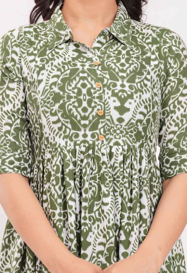 Olive Green Abstract Printed Collared Viscose Rayon Maternity & Feeding Midi Dress
