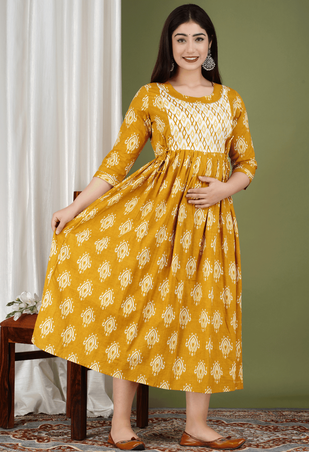 Mustard Yellow Printed Viscose Rayon Maternity & Feeding Midi Dress