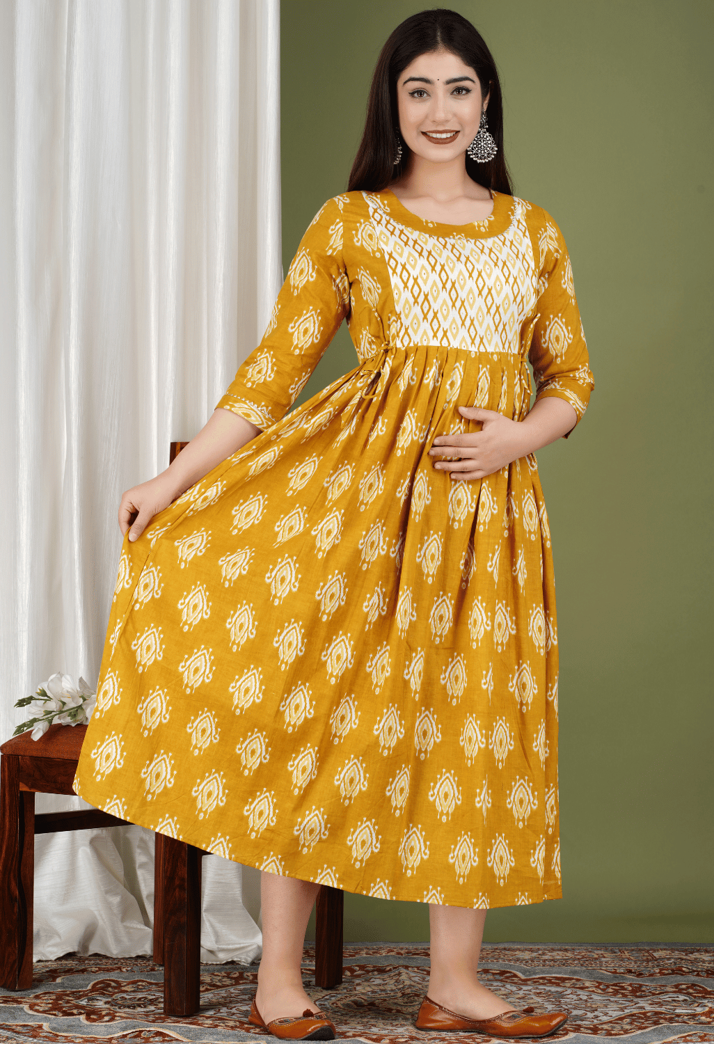 Mustard Yellow Printed Viscose Rayon Maternity & Feeding Midi Dress