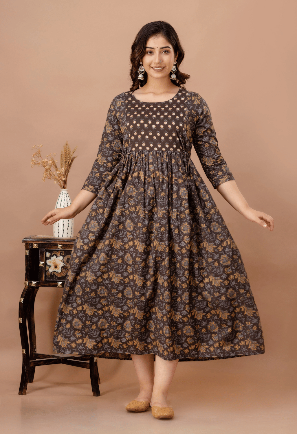 Coffee Brown Floral Printed Viscose Rayon Maternity & Feeding Maxi Dress Secondary image