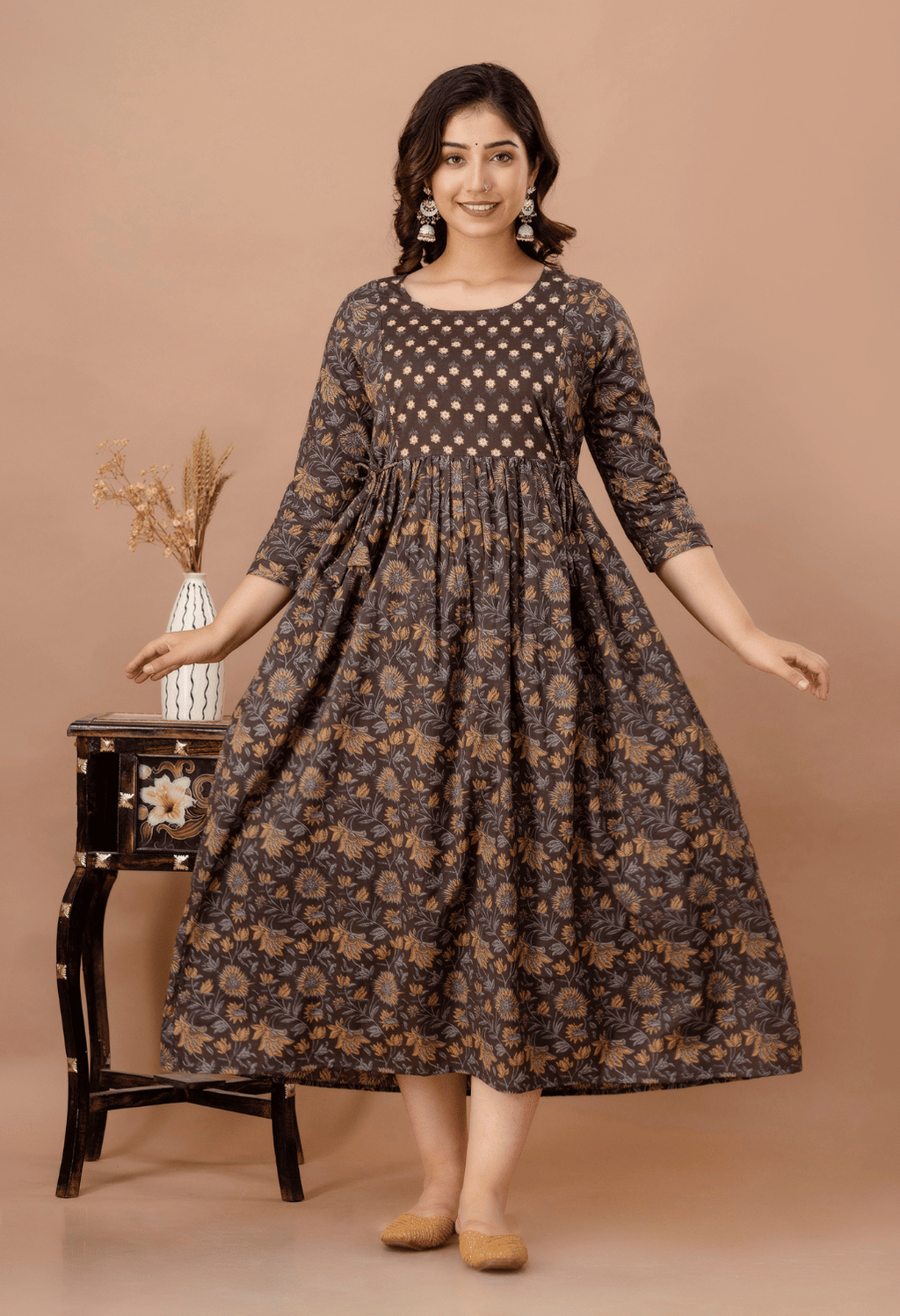 Coffee Brown Floral Printed Viscose Rayon Maternity & Feeding Maxi Dress