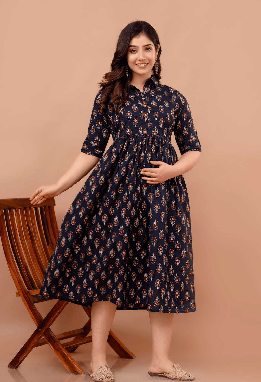 Navy Blue Buta Printed Collared Viscose Rayon Maternity & Feeding Midi Dress