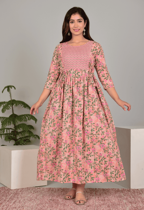 Peach Floral Printed Viscose Rayon Maternity & Feeding Maxi Dress