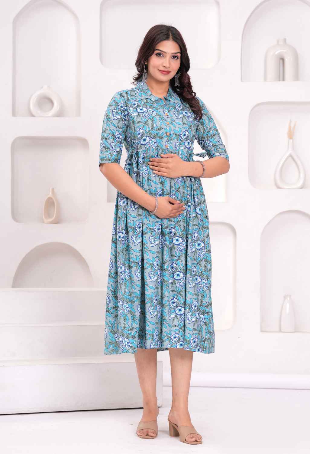 Sky Blue Floral Printed Collared Viscose Rayon Maternity & Feeding Midi Dress Main image